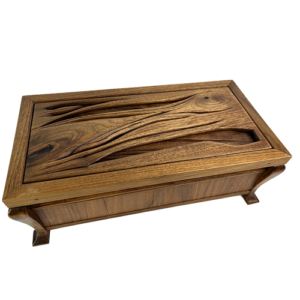 maple and walnut wood box with carved top