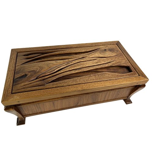 maple and walnut wood box with carved top
