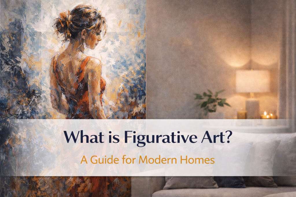 An educational display showing what is figurative art compared to abstract styles in a modern living room.