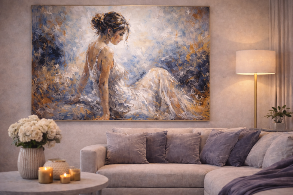A vibrant figurative abstract painting with blue and orange tones hanging in a minimalist bedroom.