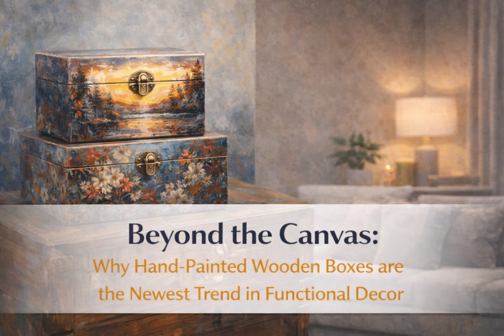 A decorative wooden box with hand-painted abstract textures used as a functional centerpiece on a modern coffee table.