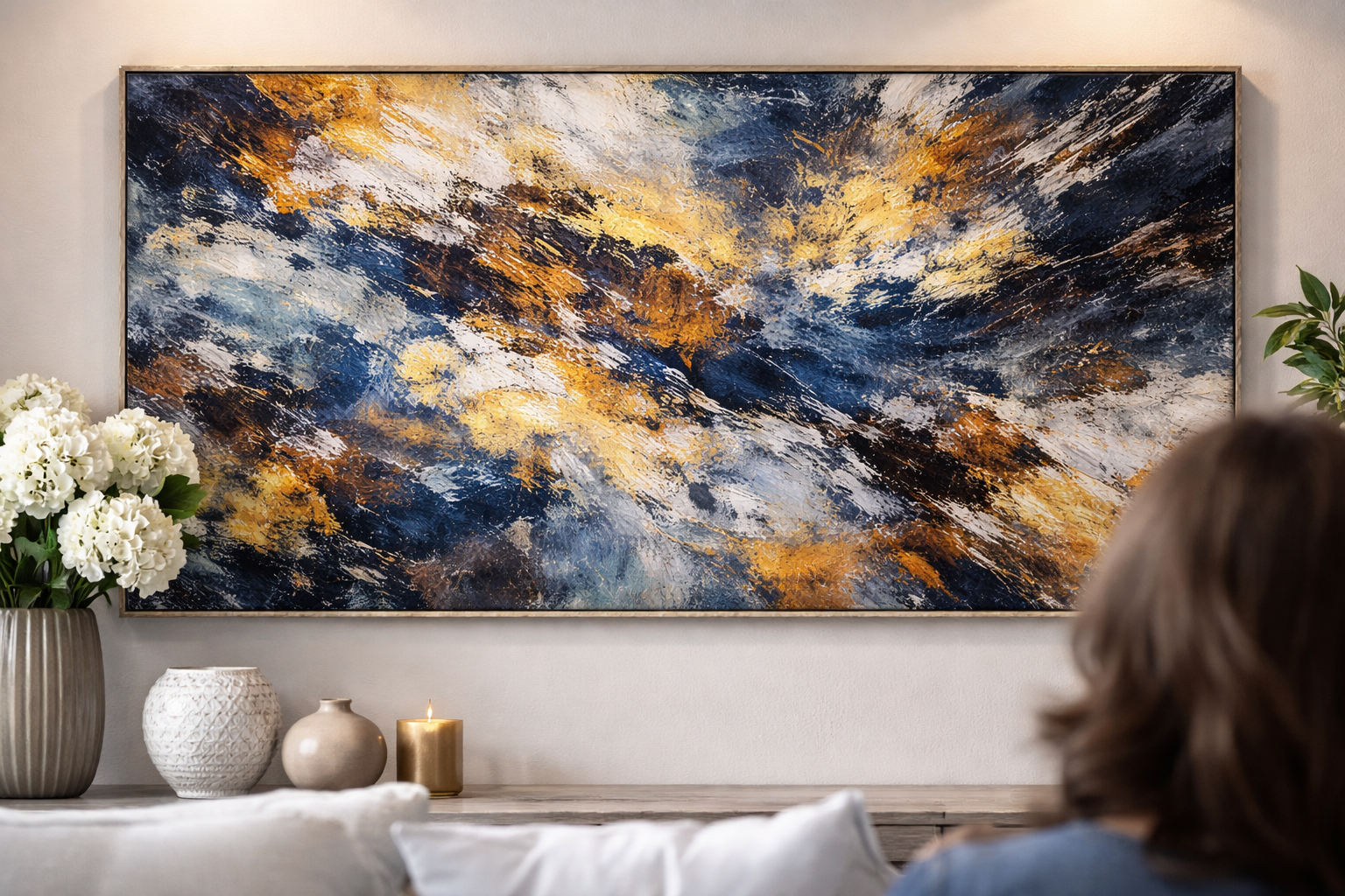 A hand-painted original abstract painting featuring blue and gold textures