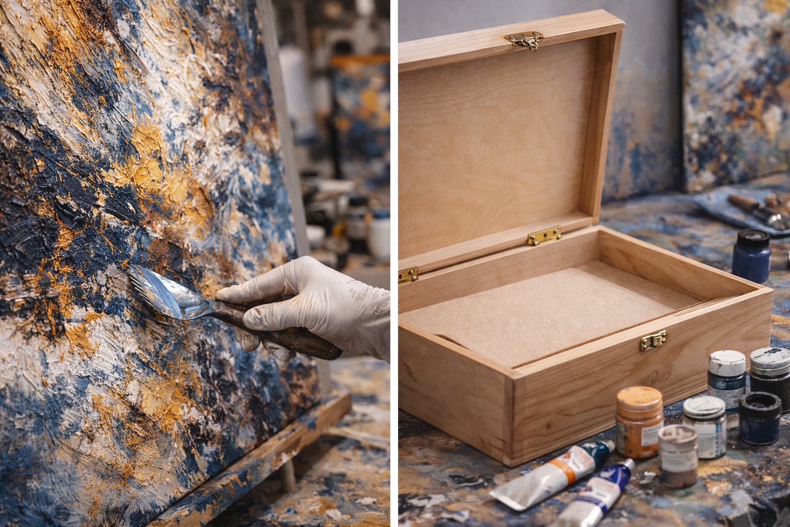 A professional artist working on an original abstract painting in a studio setting.