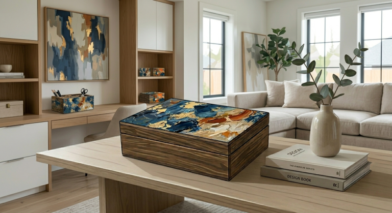 A decorative wooden box with textured abstract paint anchoring a group of curated artisan home decor on a modern coffee table, shown as part of a complete design system.