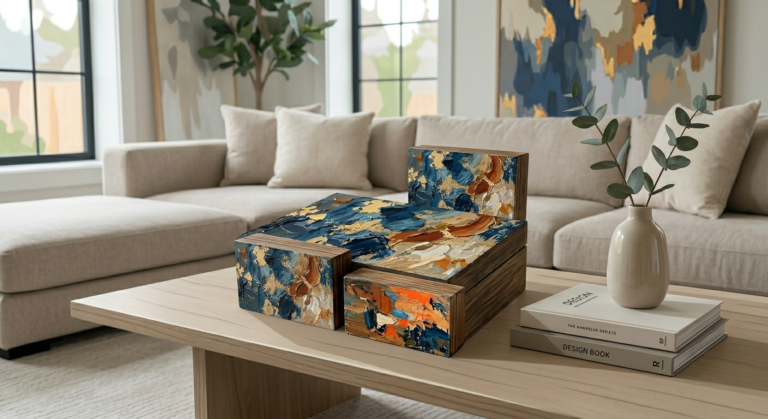 A set of decorative wooden boxes with complex, textured abstract oil paintings grouped as miniature artisan home decor sculptures on a modern coffee table.