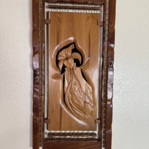 Bloom handcrafted wood carved wall art panel featuring relief-carved lily flower with walnut lattice frame by Jzine Art