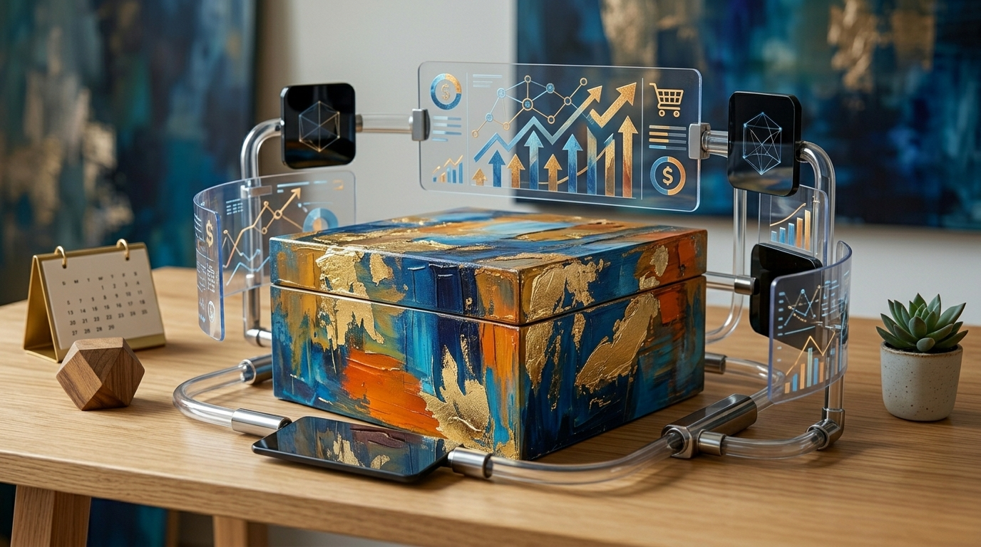 A decorative wooden box placed upon an open laptop which displays an illustrative digital marketing for artists dashboard, set on a modern, organized desk in a studio environment.