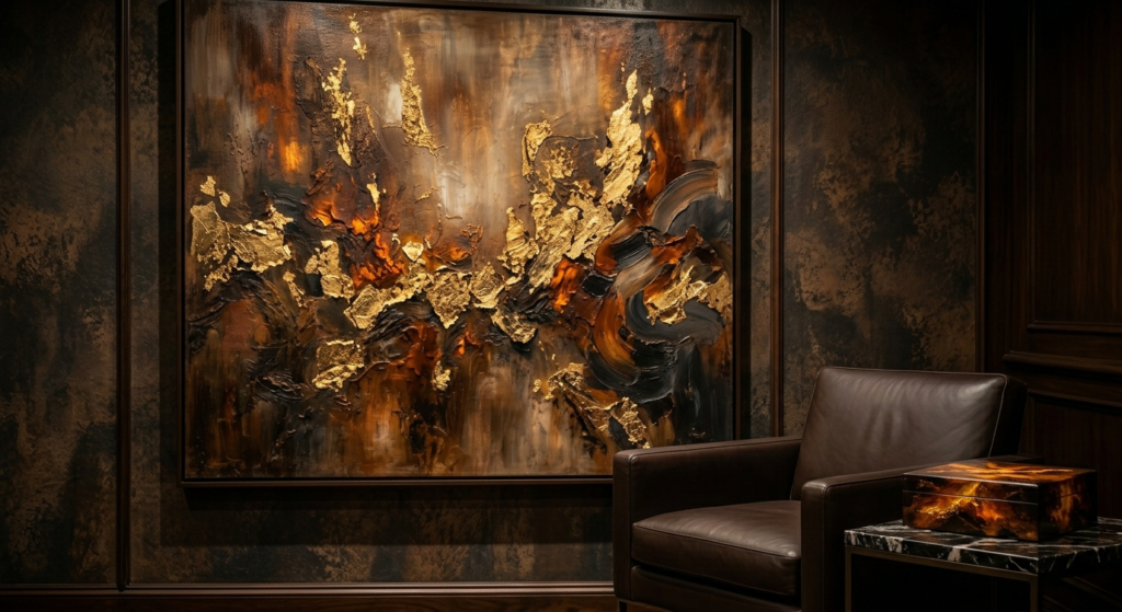 A high-end cigar lounge wall featuring a large original abstract painting with textured gold and earth tones, demonstrating how abstract cigar art creates a sophisticated atmosphere.