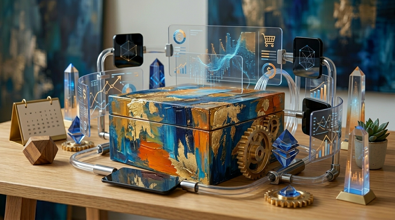 A decorative wooden box placed upon an open laptop which displays an illustrative digital marketing for artists chart, set on a modern, organized desk in a studio environment.