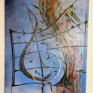 Rising Treble contemporary abstract wall art painting with musical treble clef and botanical elements on blue canvas