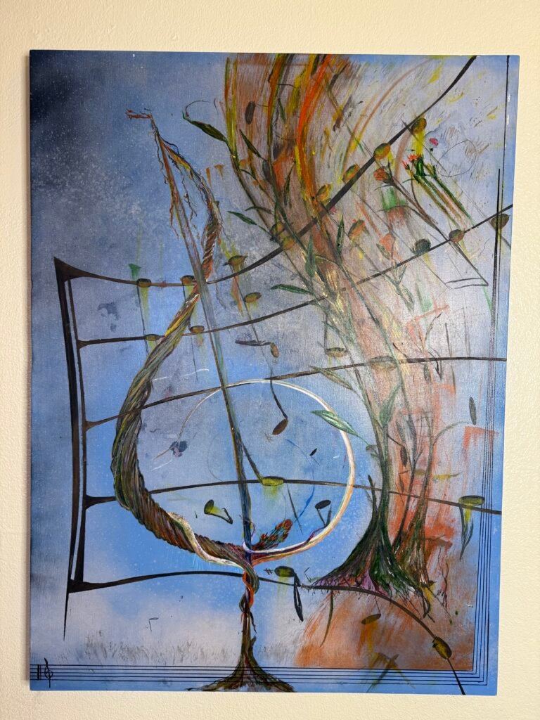 Rising Treble contemporary abstract wall art painting with musical treble clef and botanical elements on blue canvas