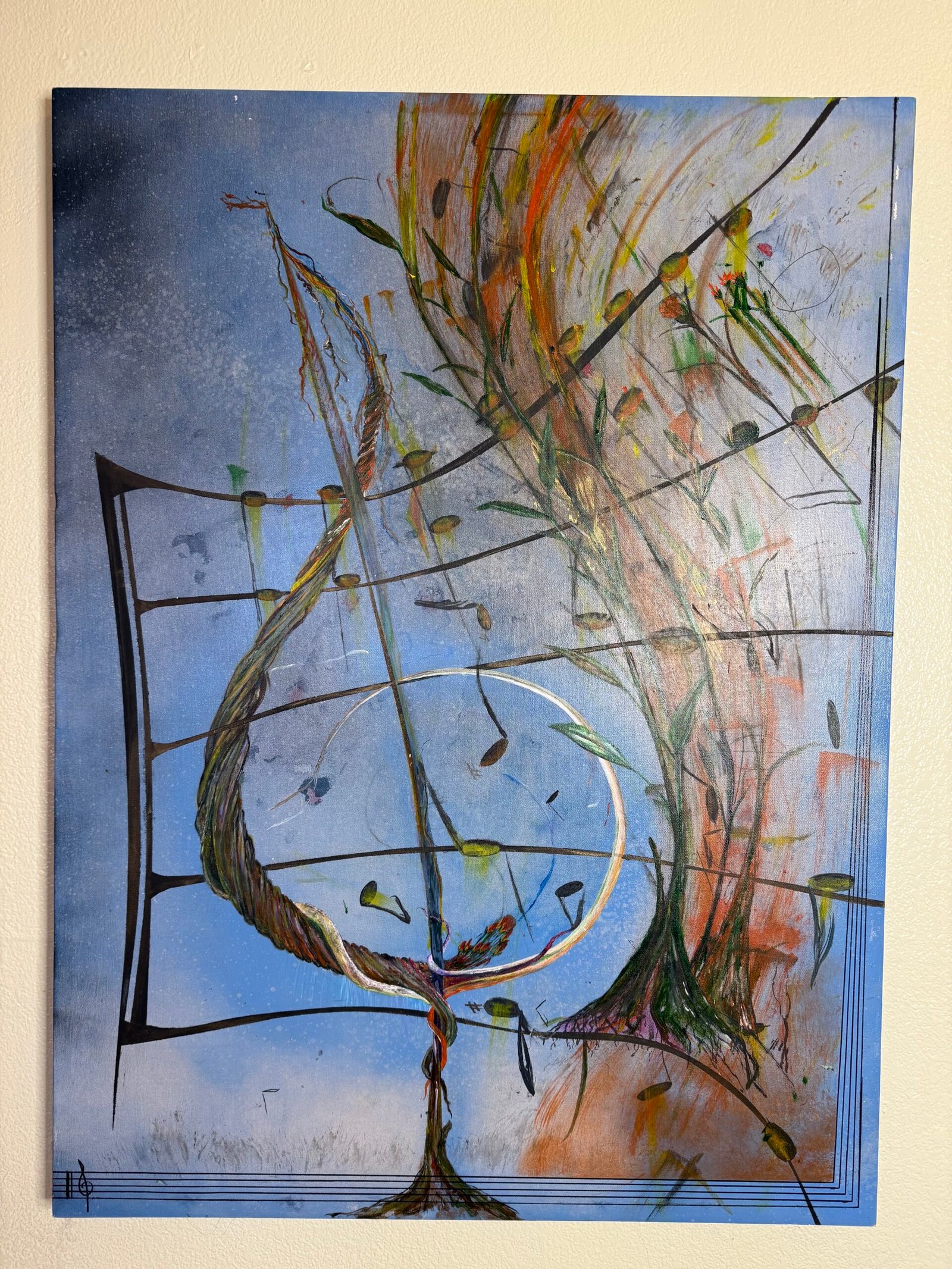 Rising Treble contemporary abstract wall art painting with musical treble clef and botanical elements on blue canvas